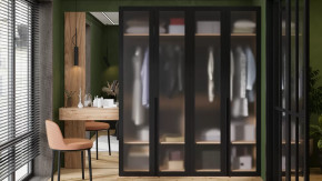 Спальный гарнитур «Порто» №4 Яблоня Беллуно/Графит/Стекло сатин черное в Когалыме - kogalym.mebel-tymen.ru | фото